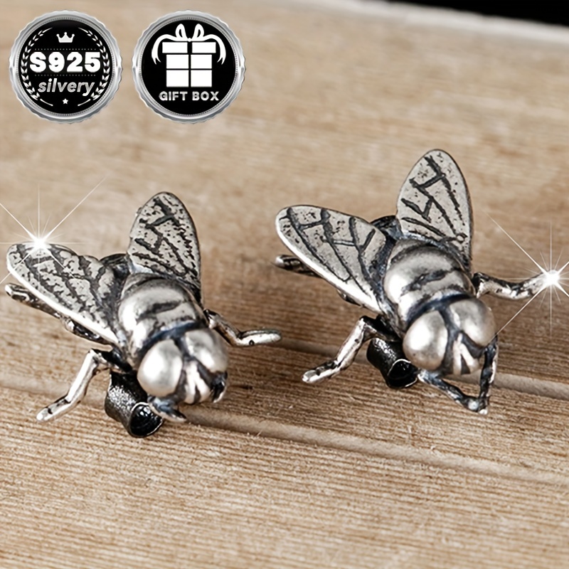 

2pc925 argent pur, poids 2g, boucles d'oreilles mouche, style goth punk rétro insecte animal, boucles d'oreilles de fête d'Halloween, cadeau