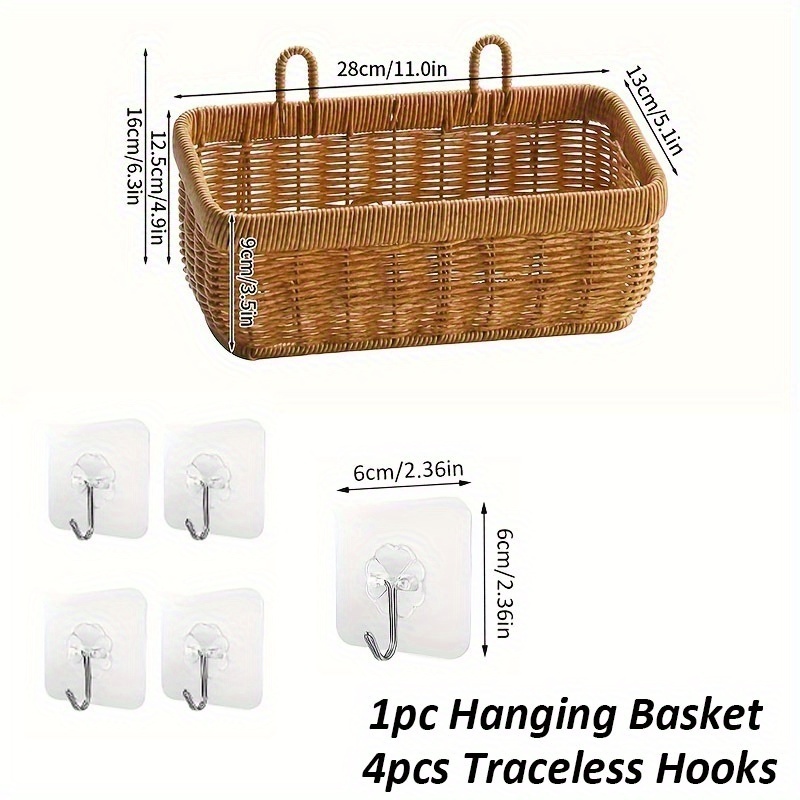 Image of 1 Plastic Rattan Woven Wall Basket With 4 Traceless Hooks, Perfect For Kitchen, Pantry, Or Home Decoration, And Serves As A Bathroom Organizer, Shelf Baskets