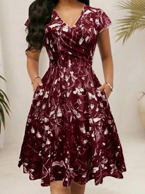 spring summer fall elegant floral printed v neck length pocket dress suitable for office wear work autumn back to vacation boyfriend style teacher outfit business casual winter new year and more