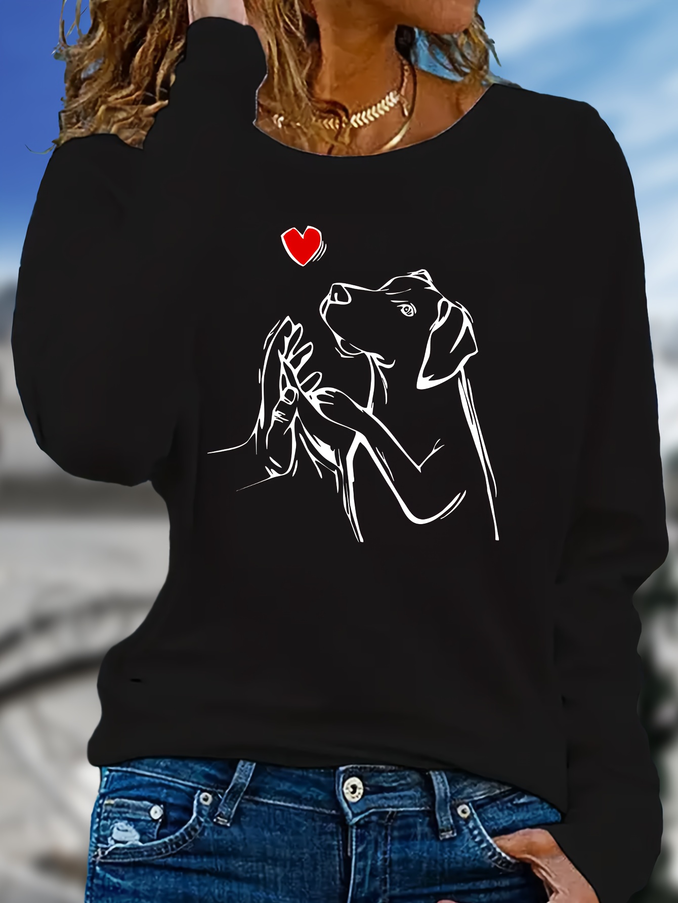 Women's Casual Long Sleeve Crew Neck T-Shirt Dog Paw Heart Graphic  Print, Medium Stretch Top for Spring Fall, Machine Washable Apparel