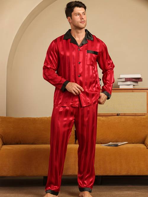 2pcs mens pajama set spring autumn winter long sleeve and long pants jacquard striped fabric summer outfit