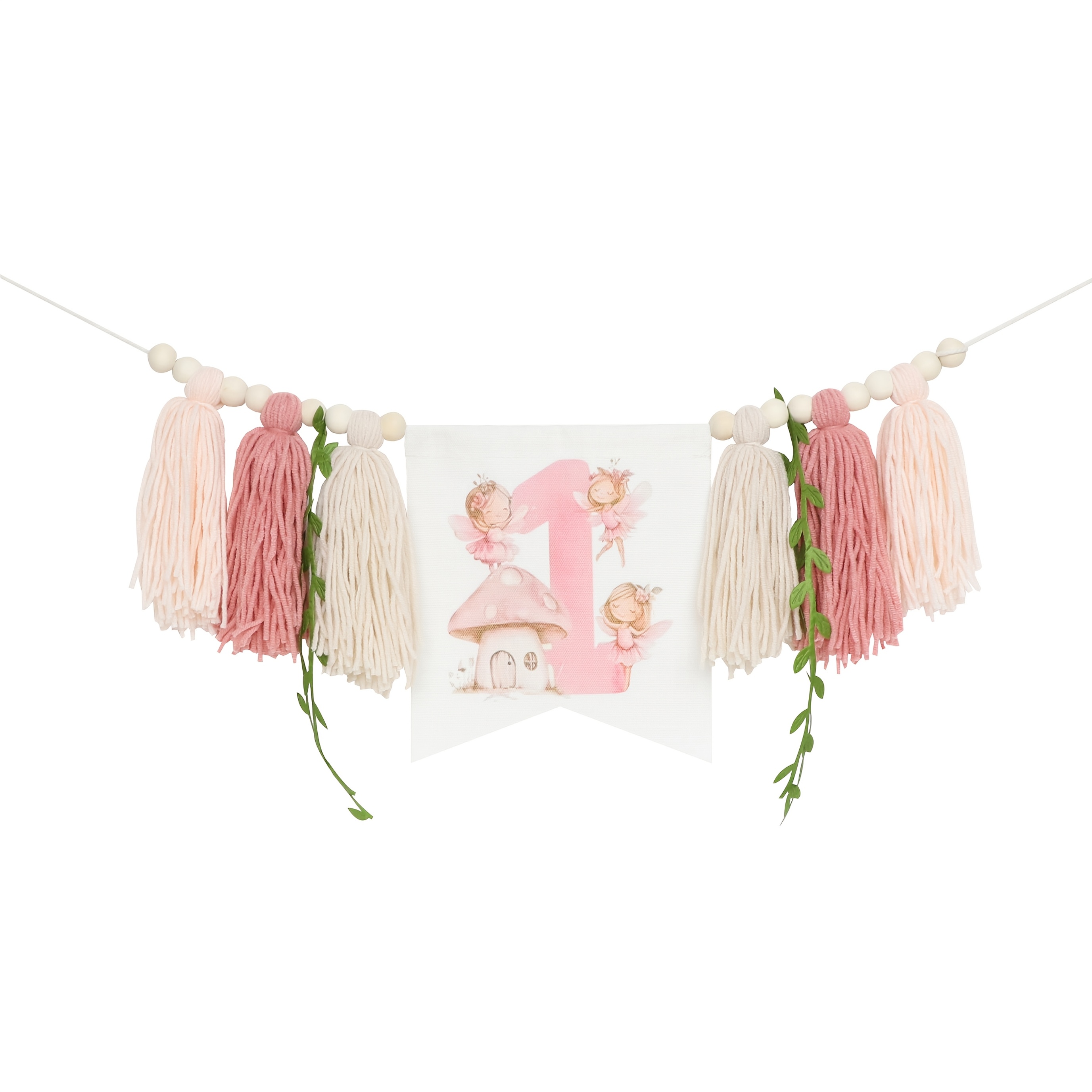 Image of Fairy-themed Highchair Banner With Mushroom And Design - Pastel Tassel Fringe, Perfect For First Birthday Party Decorations, First Birthday Party Decoration