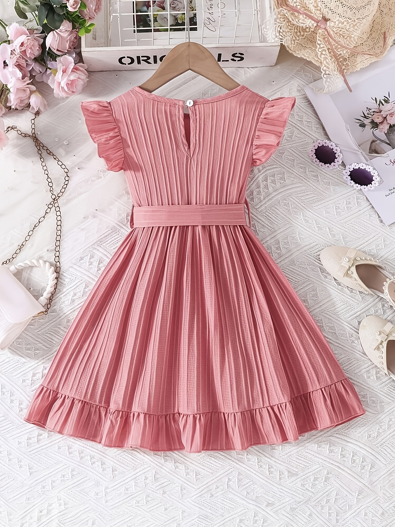 elegant ruffle sleeve dress pink sleeveless midi length bow Temu