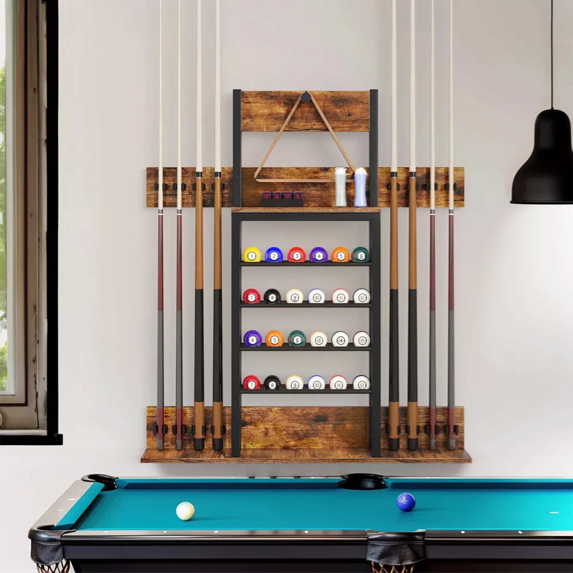 

Rileesh Wall-mounted Wooden Stand Billiard Rack For 8 Billiard Cues And 24 Balls For Sports Storage