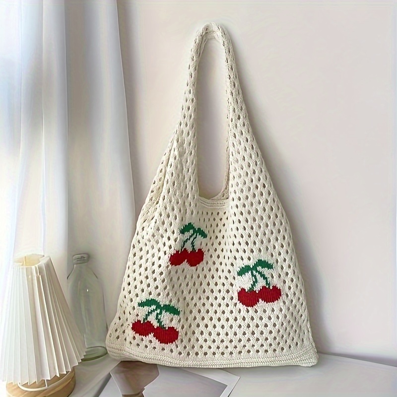 

Sweet Style Knitted Tote Bag With Cherry Design, 2024 New Fashion Artistic Style, Boho Single Shoulder Handbag