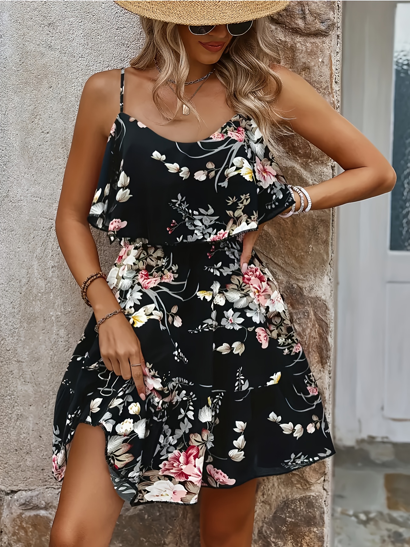 womens floral print shoulder a line mini dress hem - Temu Ireland