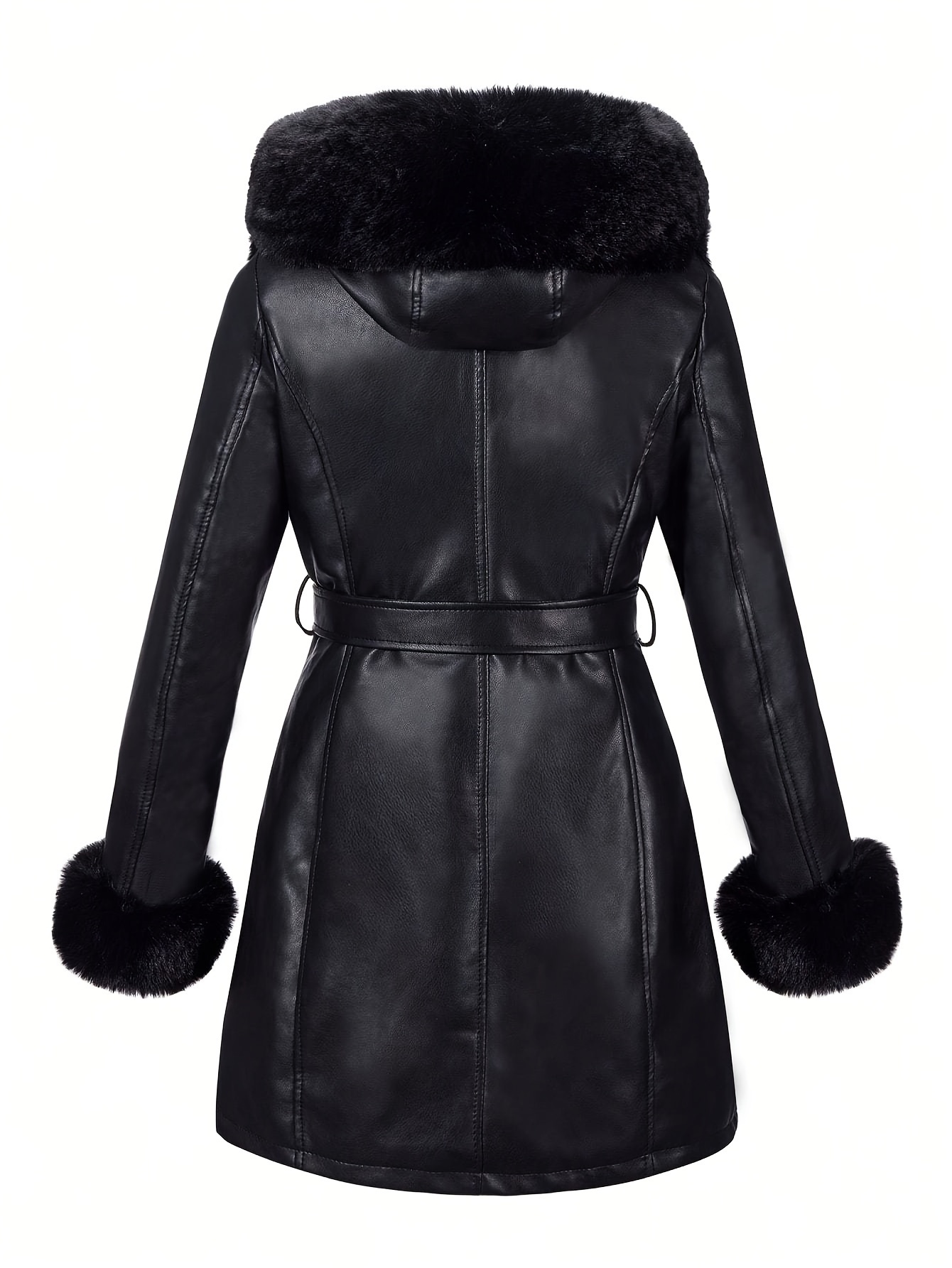 womens elegant fur trimmed pu leather jacket warm Temu Greece
