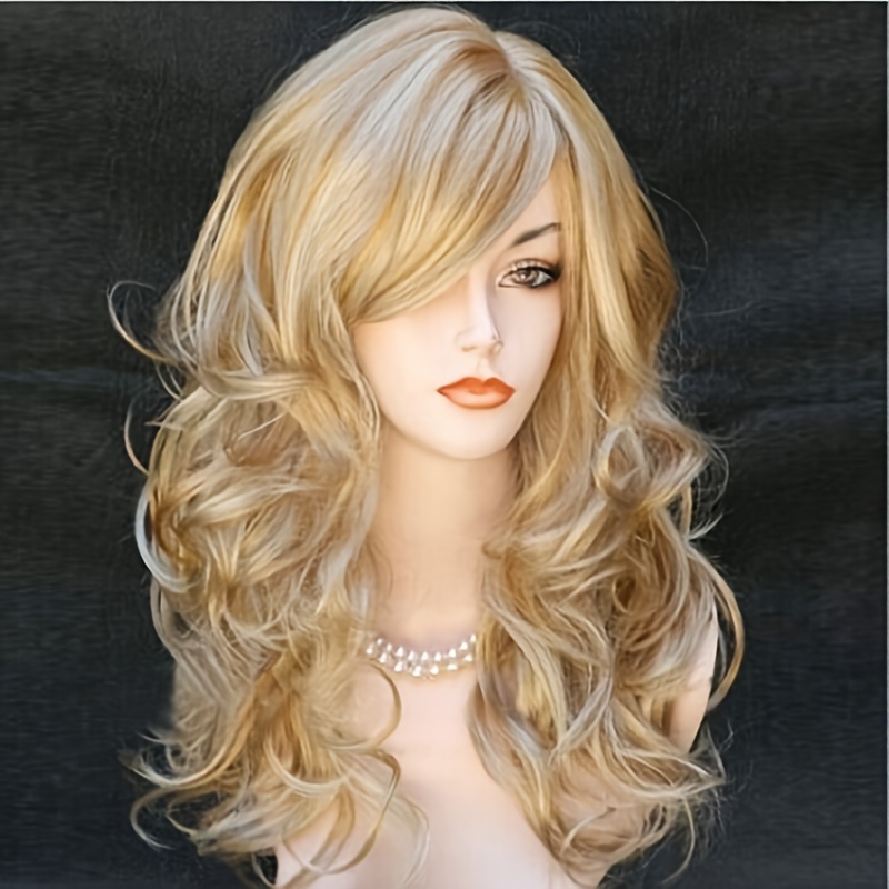 

A Long, Elegant Golden Curly Wig For Women With Side Bangs. Made From Heat-resistant Synthetic Fibers, Suitable For Any , Including , Parties, Halloween, And Christmas.