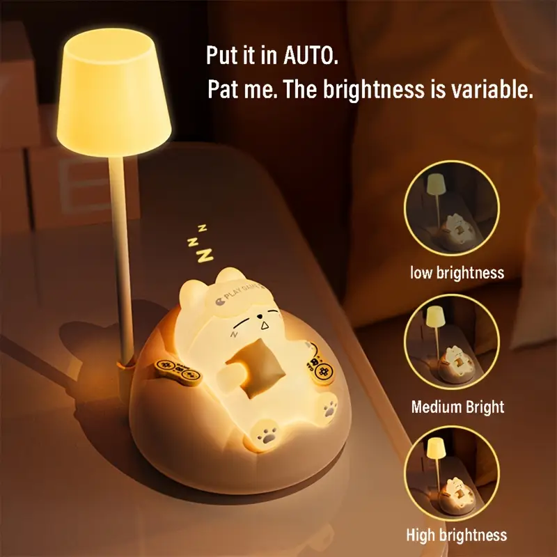 1pc lihangstar soft cat night light usb rechargeable 3 level brightness pat lamp bedroom bedside office decor stress relieving led table light with cute cartoon design ideal holiday gift led lights for bedroom Product details 1