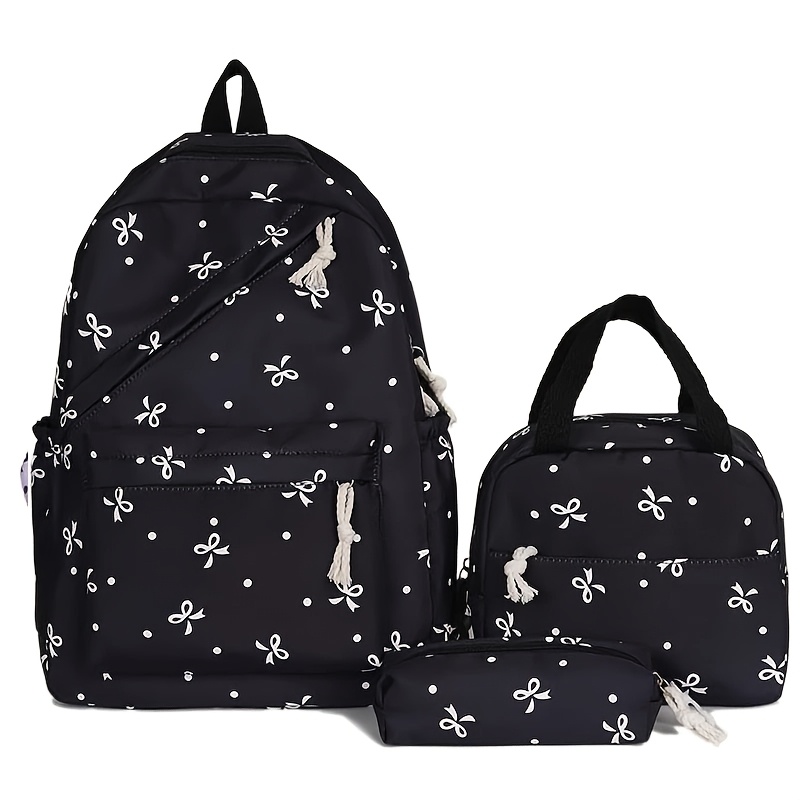 TEMU 3pcs Bow Backpack With Pencil Case & Handbag For - Large Capacity School Bookbag, Teen ' School Supplies Carrier, Durable Nylon Bookbag With Bow