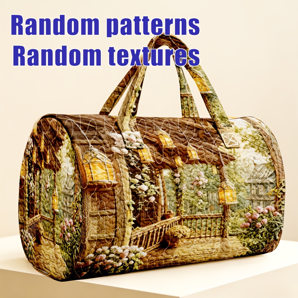TEMU 1pc Porch Floral Woven Cylinder Travel Handbag, Country Retro Style Women's Random Print Halloween Thanksgiving Christmas Gift