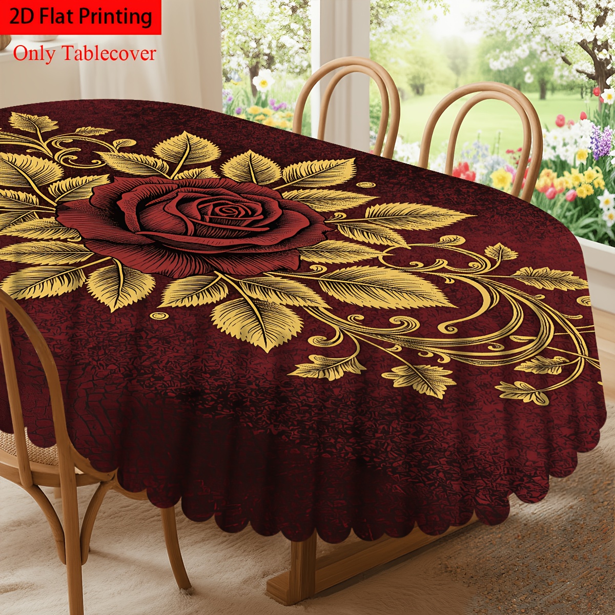 TEMU 1pc 2d Flat Printing Burgundy Rose Pattern Tablecloth, Luxurious Floral Style Tablecloth, Circular Rectangular Oval Tablecloth, Washable