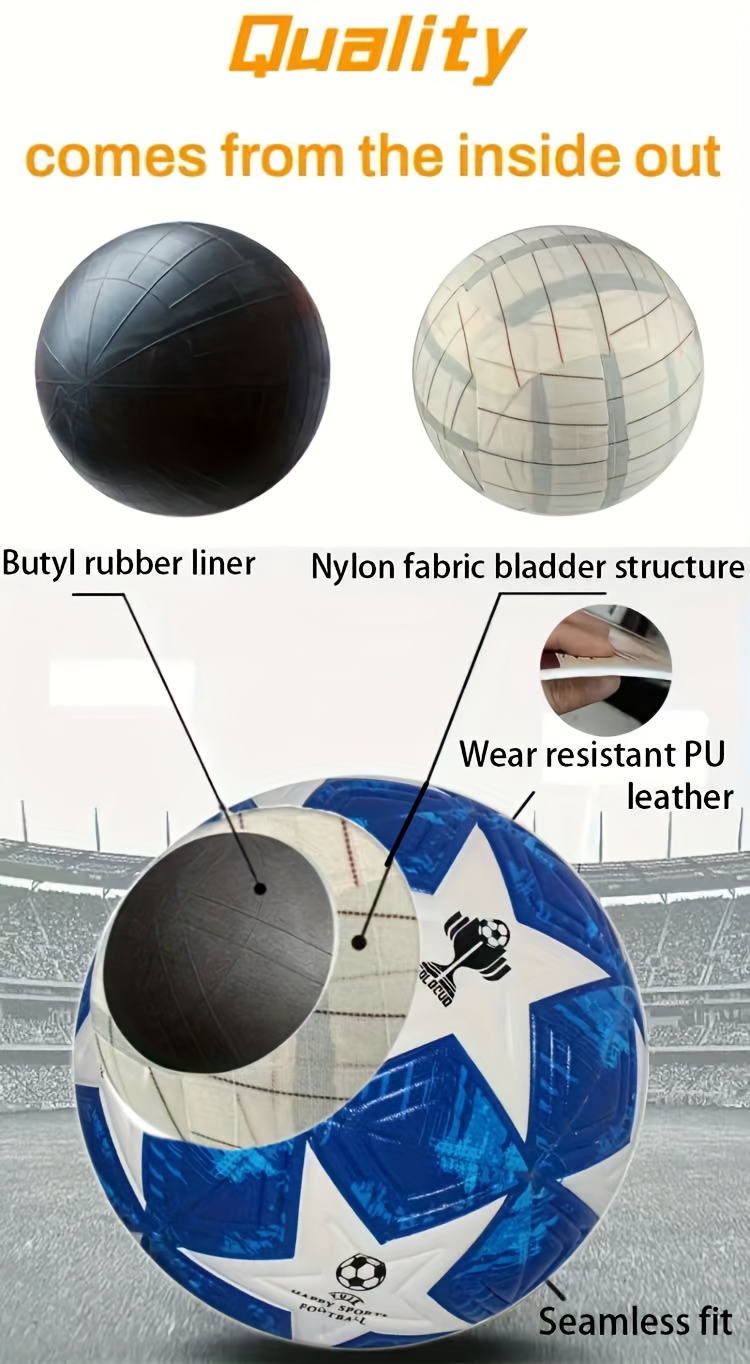 1 Nieuwe Nr. 5 Voetbal, Hoogwaardig PU Materiaal, Naadloze Pasvorm, Waterdicht en Antislip, Duurzaam en Slijtvast, Geschikt voor Buitensporten, Competities, Voetbaltraining en Dagelijkse Wedstrijden - Blauw en Wit Vijfpuntige Ster Ontwerp - Inclusief Luchtpomp, Balnaald en Draagnet