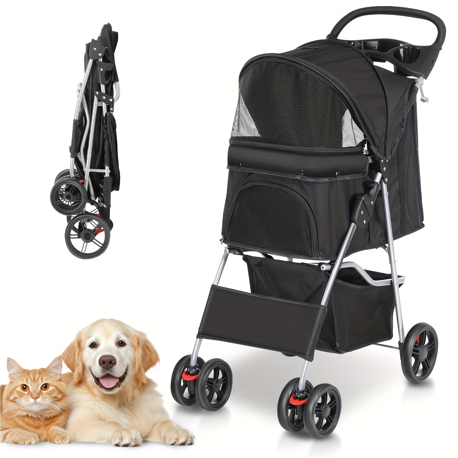 TEMU Dog Pram Dog Stroller Foldable Pet Pushchair With 4 Wheels, Safety Leashes, Cup Holder For Small Dogs, Black