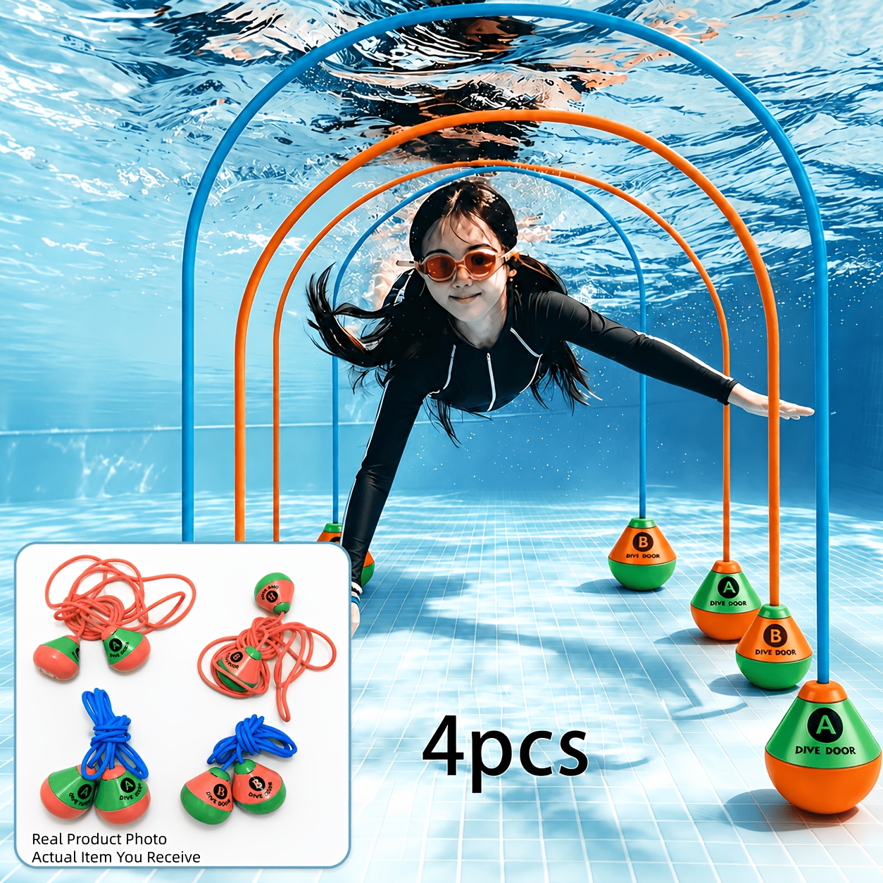 TEMU 2/4pcs Portes de plongée et de natation, Arches de corde orange de 2,5M/98.42In et bleues de 1,4M/55.11In, Jeu de natation sous-marine de A à B