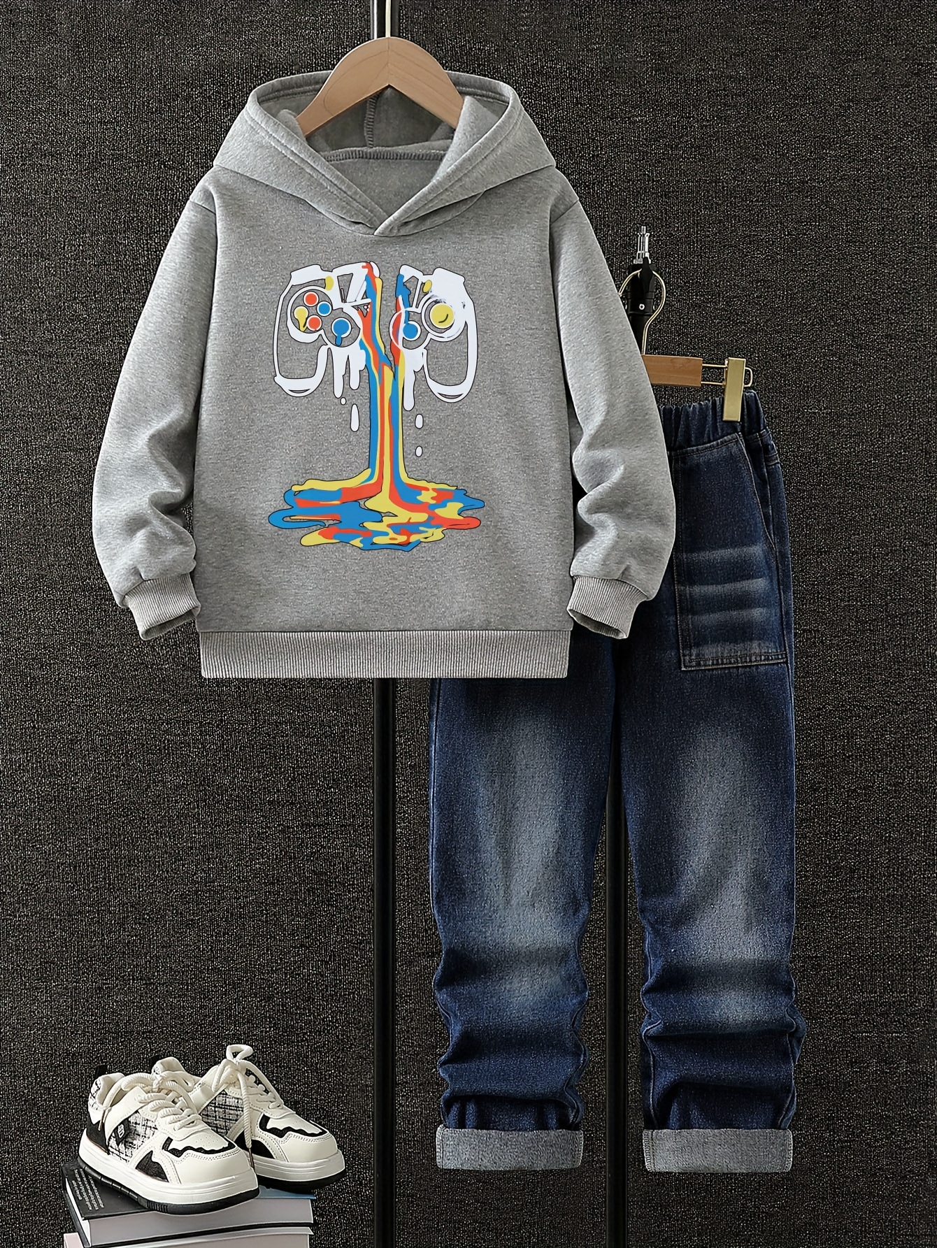 Autumn And Winter Boys' "game Controller" Creative Pattern Print Hoodie, Loose Thick Hooded Long-sleeved Sweatshirt + Fashionable Denim Pants Boys' Clothing, Casual Wear, Back-to-school Season Boys' Suit, Perfect for Outdoor