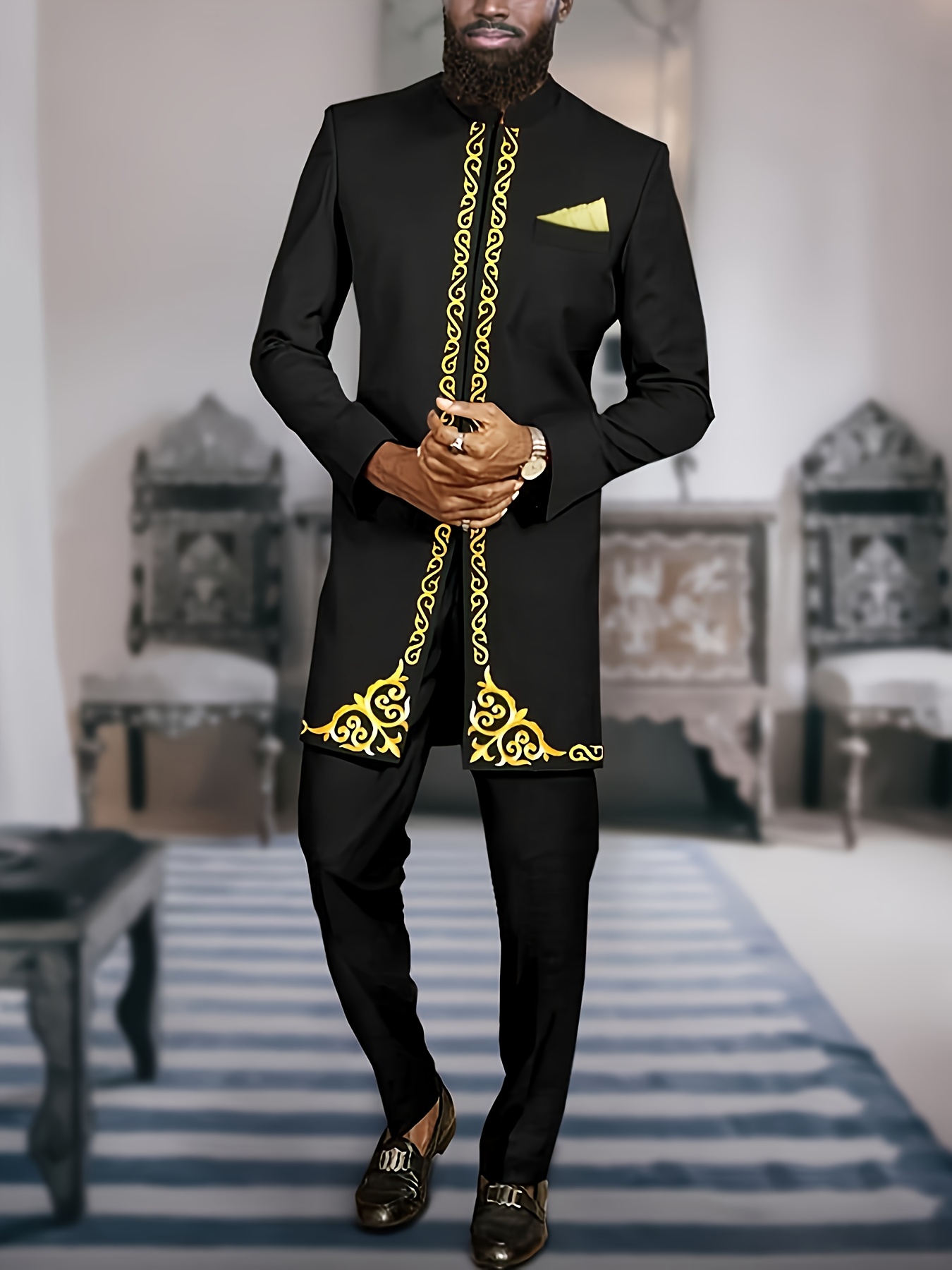 black and gold mens dress outfit Mens Webber Black Gold Modern Fit Tuxedo Blazer | FERRECCI main image 0
