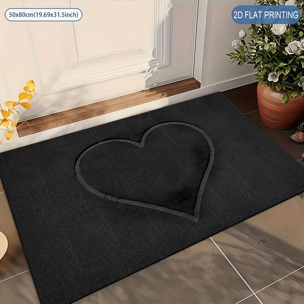TEMU 1pc 2d Flat Printing Flannel Material Door Mat, Minimalist Heart Entrance Dust Removal Floor Mat, Soft, Washable, Suitable For Entry Doors,