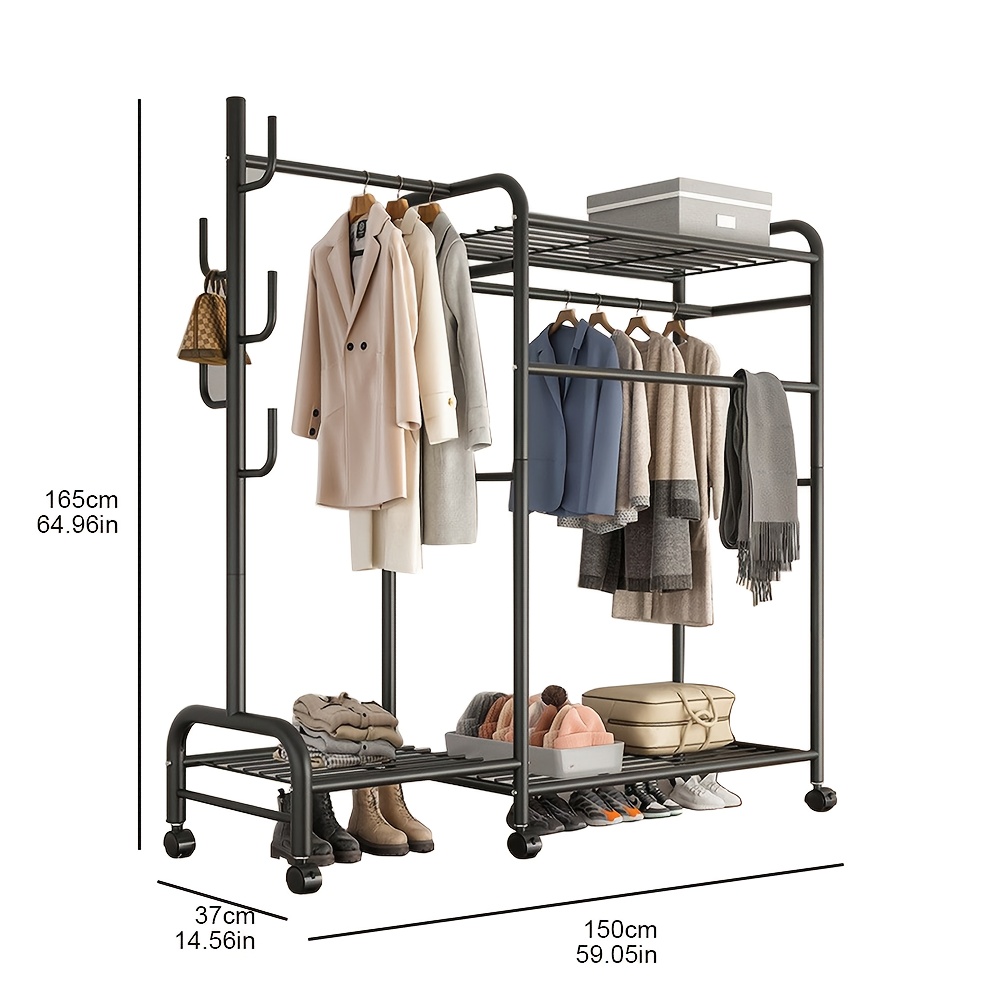 E-shop 165*95*37 cm Vertikales Regal, Rollendes Metall Kleiderbügel, Freistehender Kleiderständer mit 5 Seitenhaken und 3 Wäscheständern, Geeignet für
