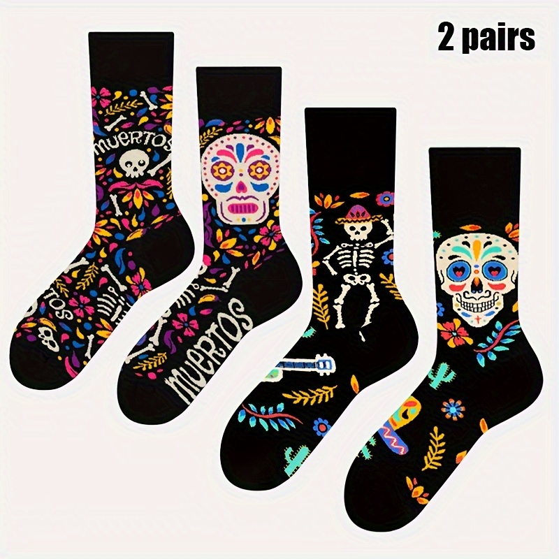 

Trendy Skull Pattern Mid-calf Socks, Breathable Sweat-absorbent Knit Fabric, Polyester & Spandex , Machine Washable, Sweat-resistant