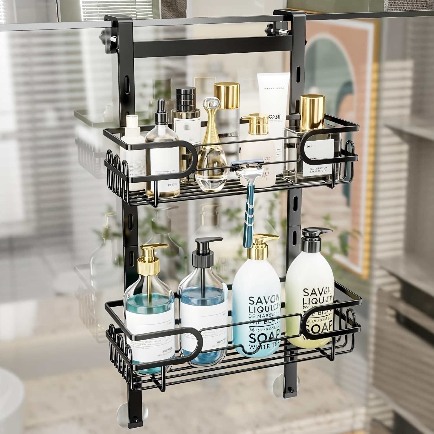 

2 Tier Shower Caddy Hanging, Adjustable Over Door Shower Caddy, Hanging Shower Caddy Shower Shelf With 12 Hooks, Rustproof Shower Organizer Hanging For Bathroom, Black