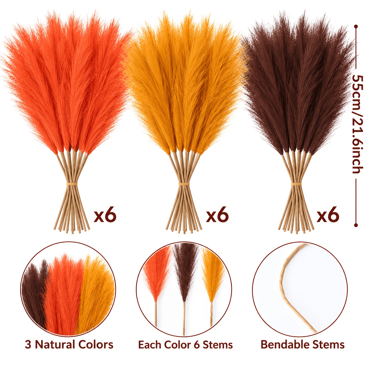 TEMU Tiges de pampas artificielles de 55 cm, faux roseaux orange, jaune et marron, plantes artificielles d'automne moelleuses pour salon, chambre à