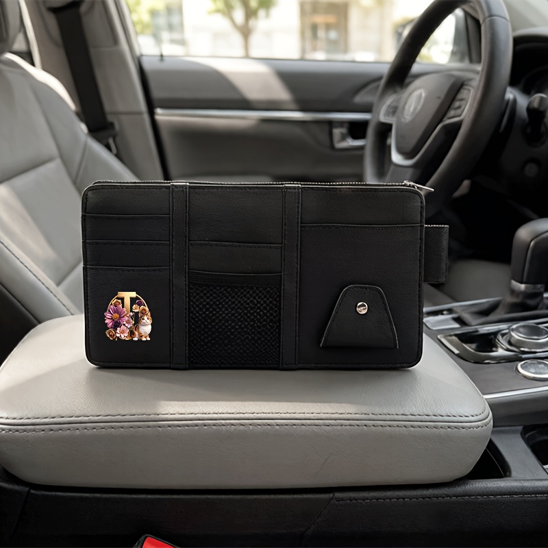 TEMU 1pc M01 Pu Leather Car Organizer Suitable For All Vehicles, Multi- Visor Holder With Pu Leather Storage Pouch, Glasses Clip, Smartphone Pocket &