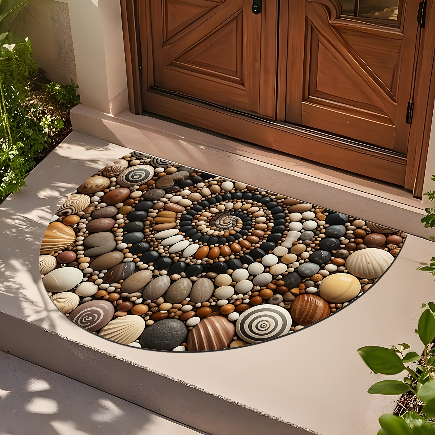 TEMU 1pc Large Semi-circular Seashell Puzzle Welcome Mat - Suitable For Indoor/outdoor Entry Rug, Machine Washable Soft Flannel Carpet With Design,