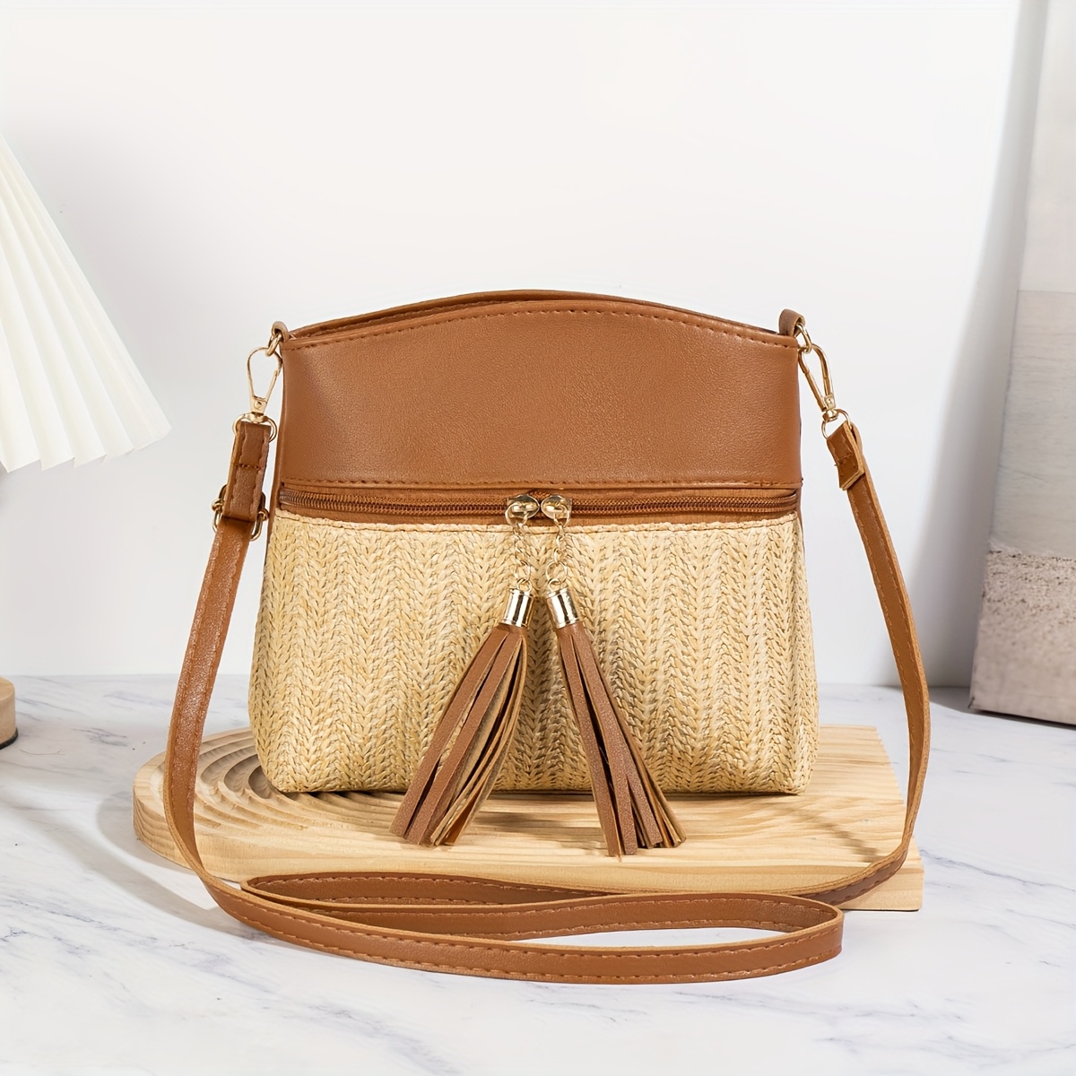 TEMU Preferred Bag Style: Women's Crossbody Bag - Bohemian Woven Straw Bag With Double Tassel Strap, Casual Vacation Woven Shoulder Bag, Versatile