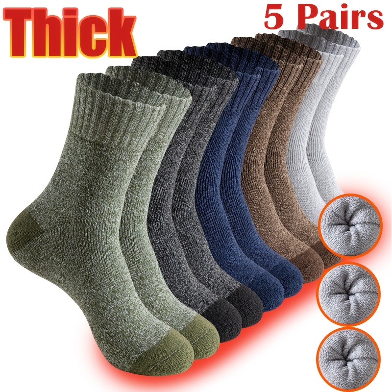 TEMU 5pcs Men's Thick Warm Hiking Socks - Cozy Towel Bottom Mid-calf Outdoor Sports Socks In Assorted Colors, Cold Weather & Floor Use