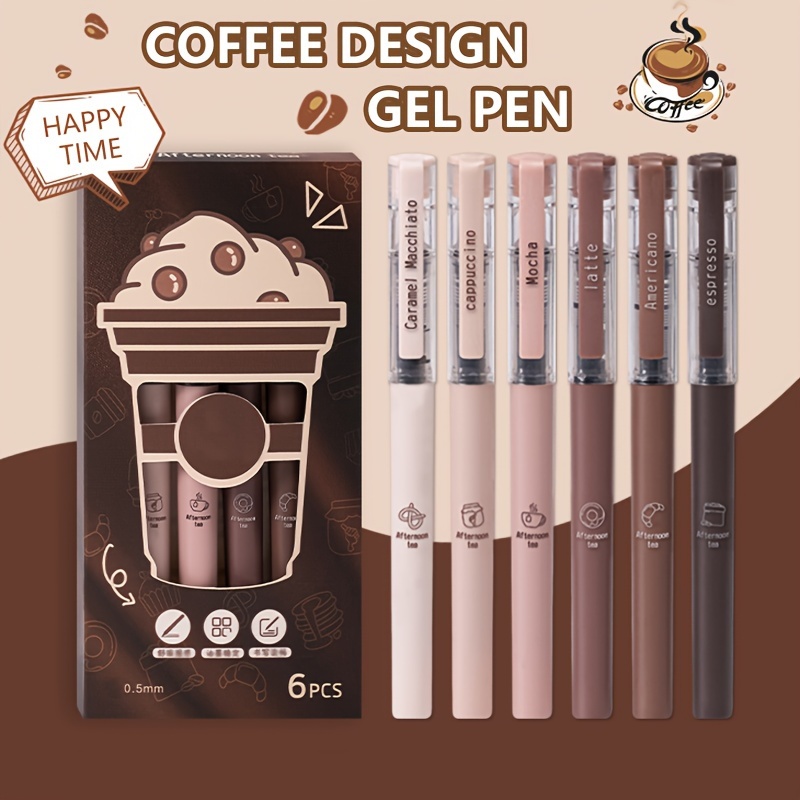 

6-piece Coffee Pen Set, Medium Point, Quick-drying Plastic Pens With Needle Tip And Click-off Cap