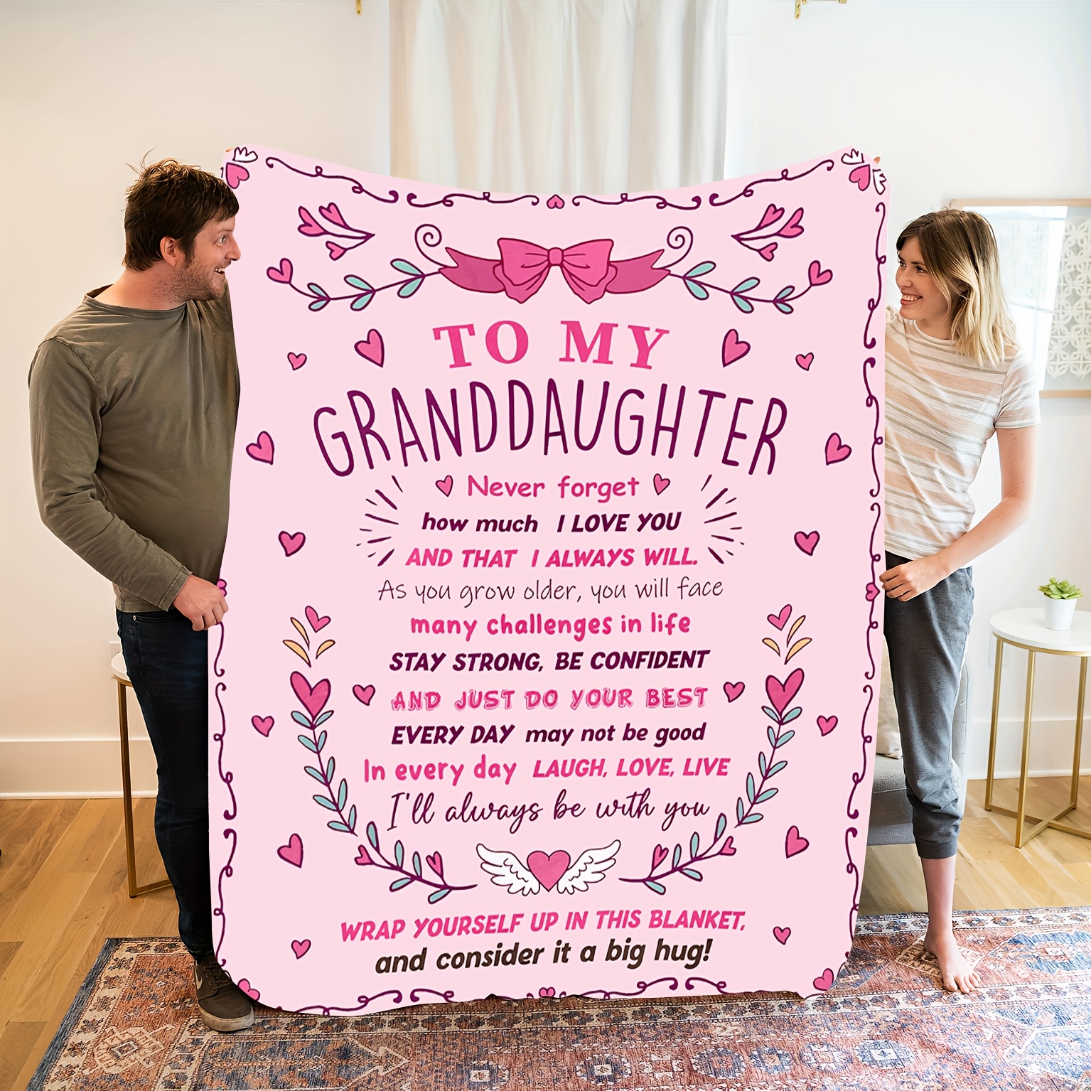 TEMU 2d Flat Granddaughter Gift Blanket- Soft Flannel Throw With Message, Pink , Perfect For , Camping, Travel& Home Decor, 2d Flat