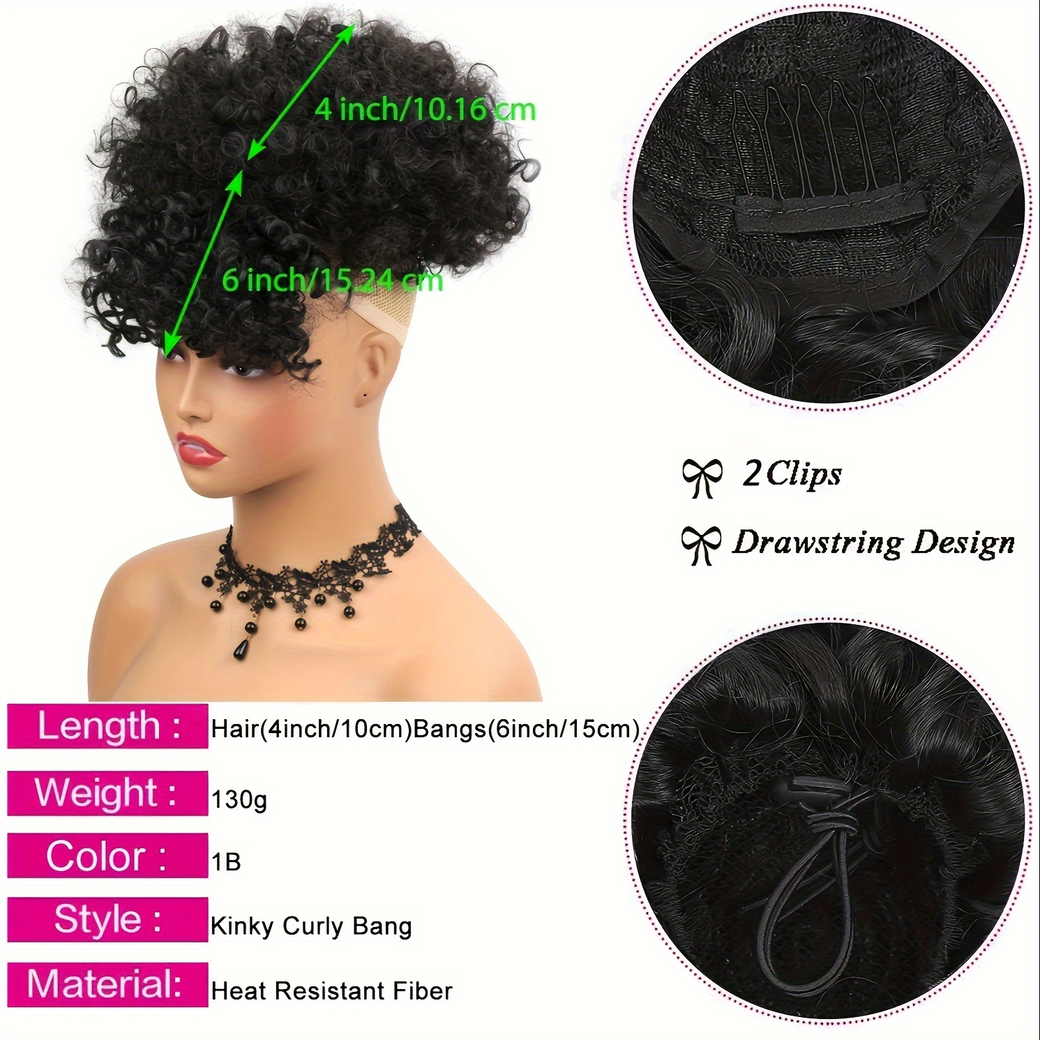 Elegant Women's Afro Curly Kinky Chignon Ponytail With Bangs, Synthetic 