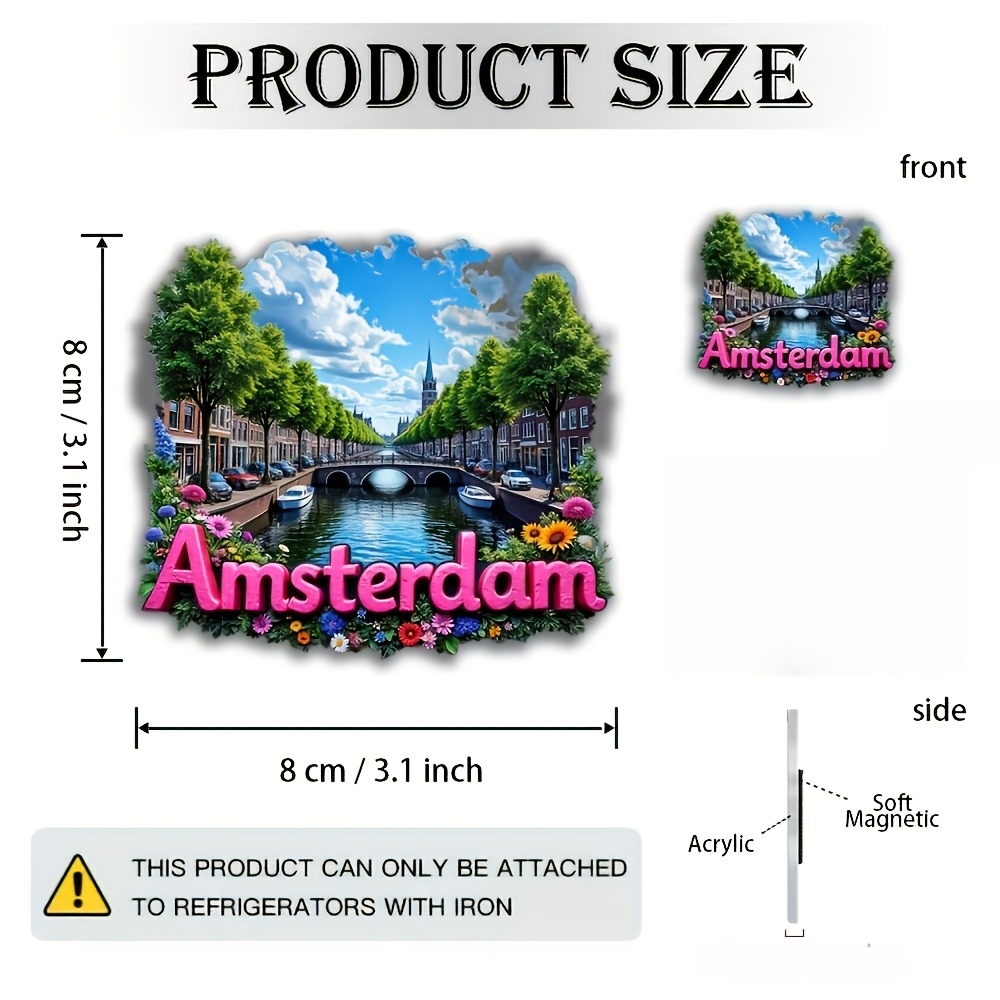 TEMU Aimant plat 2D en acrylique 1 pièce Amsterdam Pays-Bas, convient pour une décoration sur le thème des Pays-Bas - Paysage plat 2D en acrylique