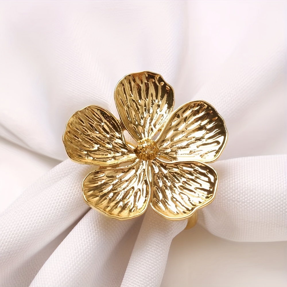 E-shop 12er-Set Elegante Goldene Edelstahl-Serviettenringe – Hochwertiges Blumenmuster mit Streifen, Polierte Metallhalter für Hochzeiten, , formelle