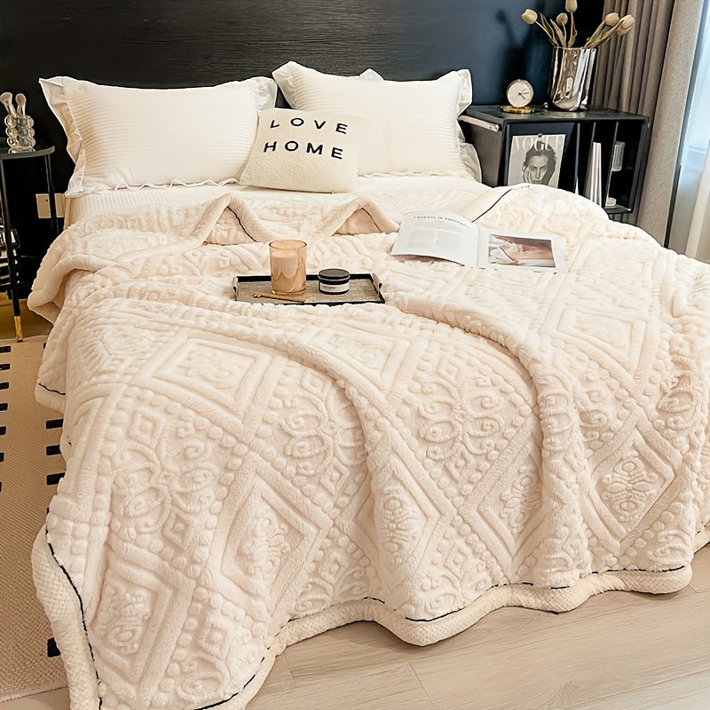 luxury velvet throw blanket with unique carved design 350g thick     machine washable polyester knit for bed sofa details 4