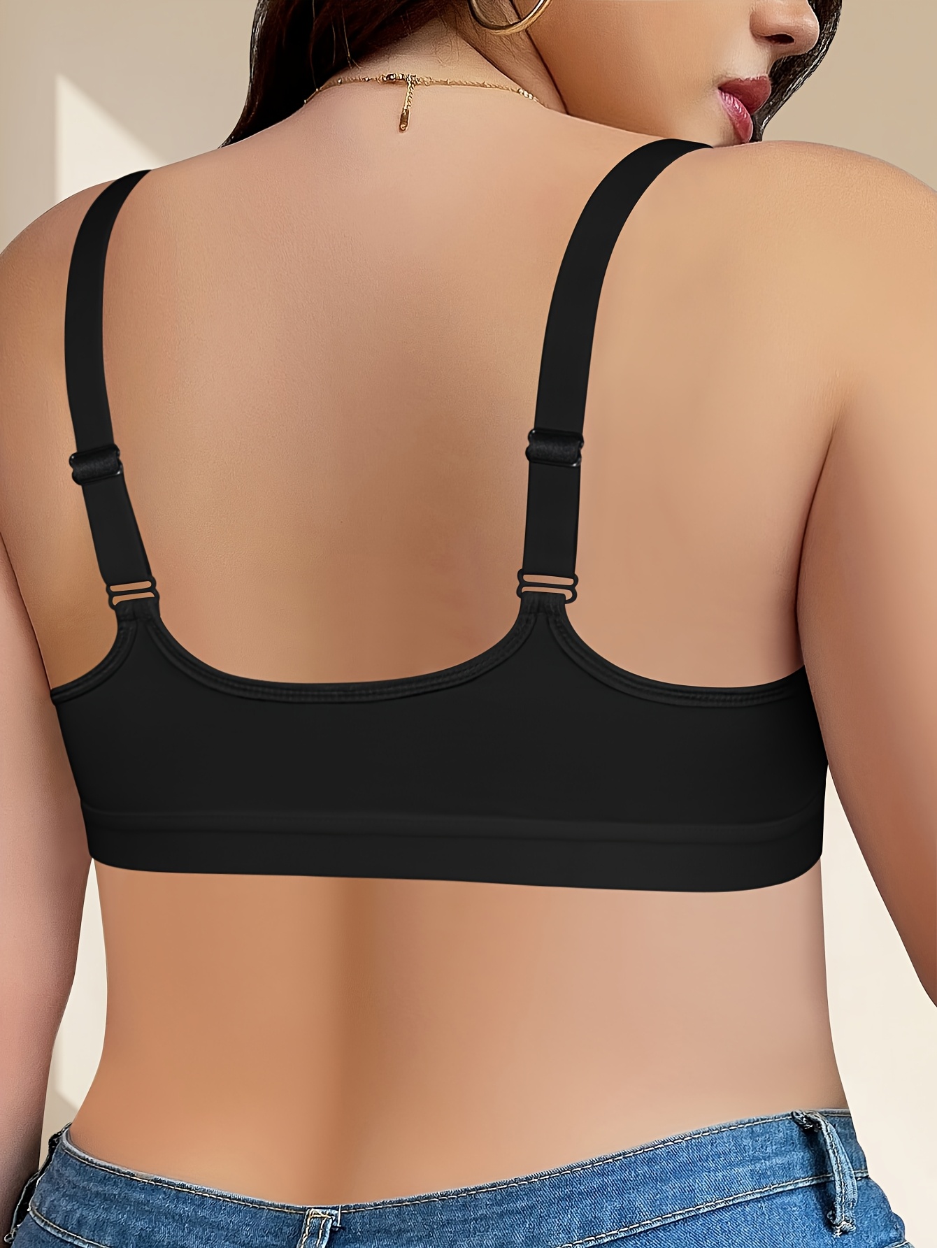 Women'S Plus Size Lace Front Closure Bra, Sexy Deep V-Neck Solid Color with Wide Straps, Comfortable Breathable Polyester Knit Fabric Bra with Contrast Lace Detail, No Padding - Medium Stretch