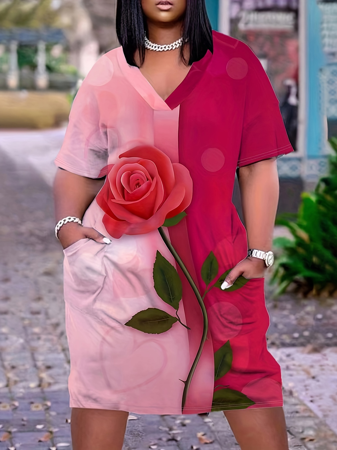 plus size womens v neck midi dress floral print red roses Temu Ghana