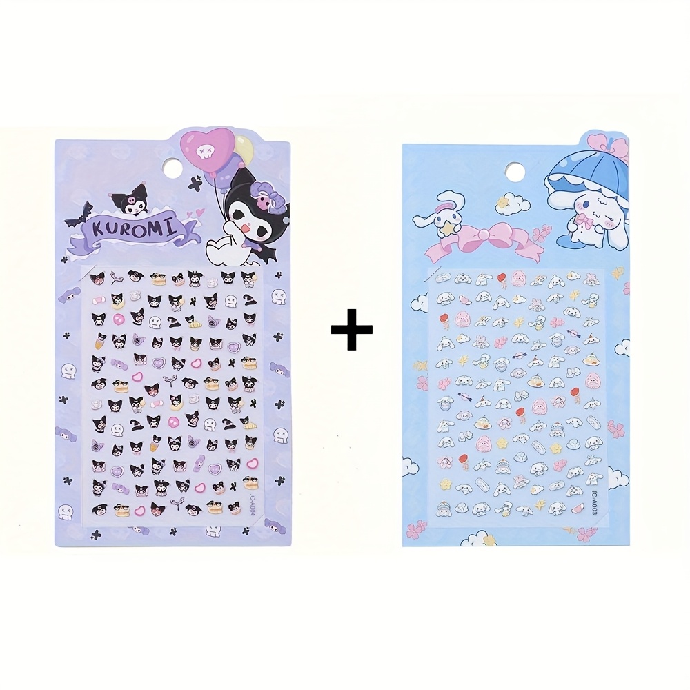 2pcs Nail Art Stickers 5d Embossed Kuromi Cinnamoroll & Hellokitty Designs Nail Decals Kawaii Cartoon Self-adhesive Decals For Diy Decoration
