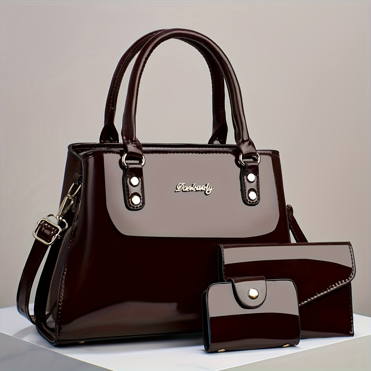 Trendy And Versatile Women'S High-End Multi-Layer Bag Set, Featuring a Stylish Casual Crossbody, Shoulder Bag, And Large-Capacity Tote in a Glossy Patent Finish.