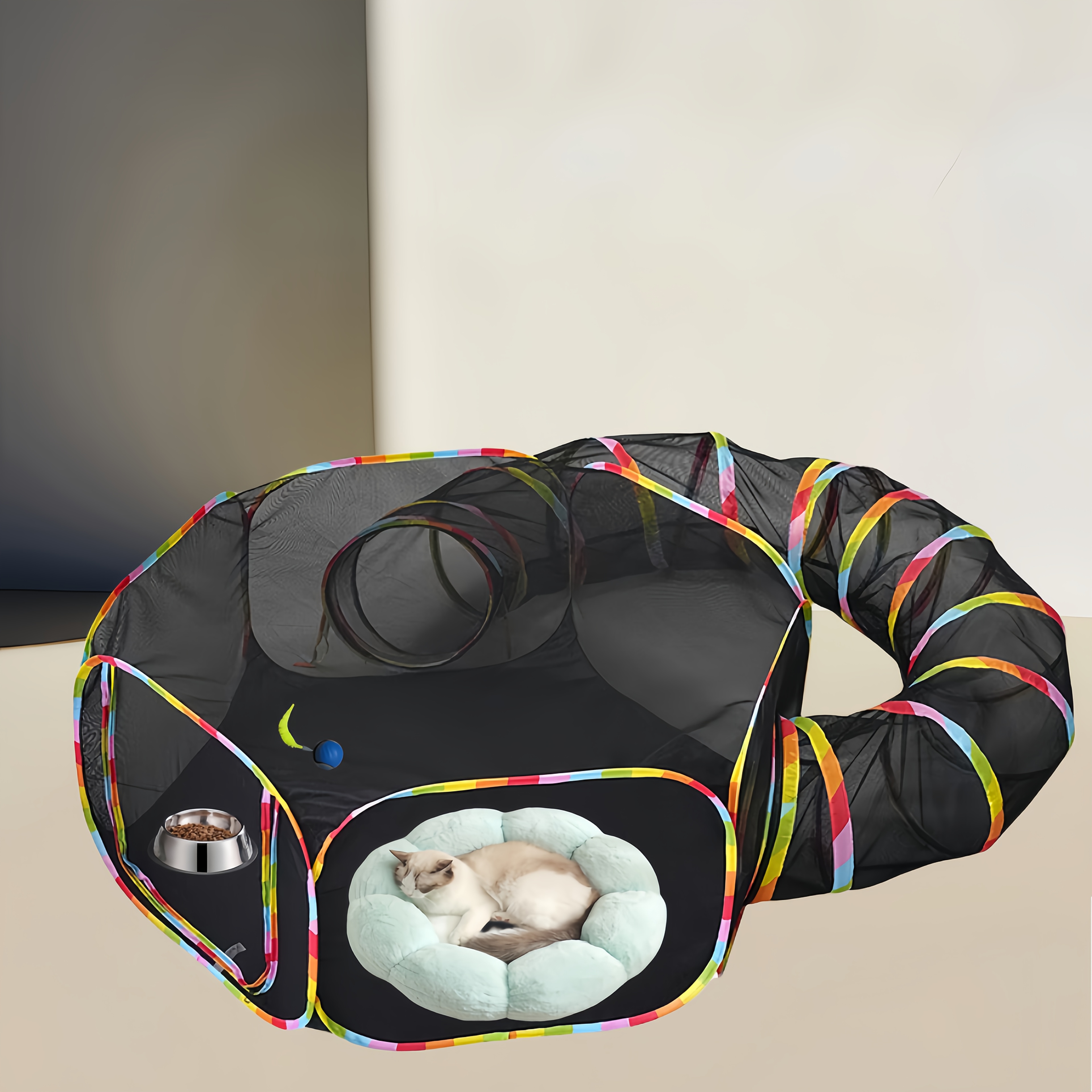 Regenboogkleurige Zomer Buitenshuis en Binnen Mesh Huis voor Katten, Honden & Fretten – Ademend Polyester Veiligheidshuis met Tunnelsysteem, Eenvoudig in elkaar te zetten, Duurzaam & Draagbaar Ontwerp, Katent