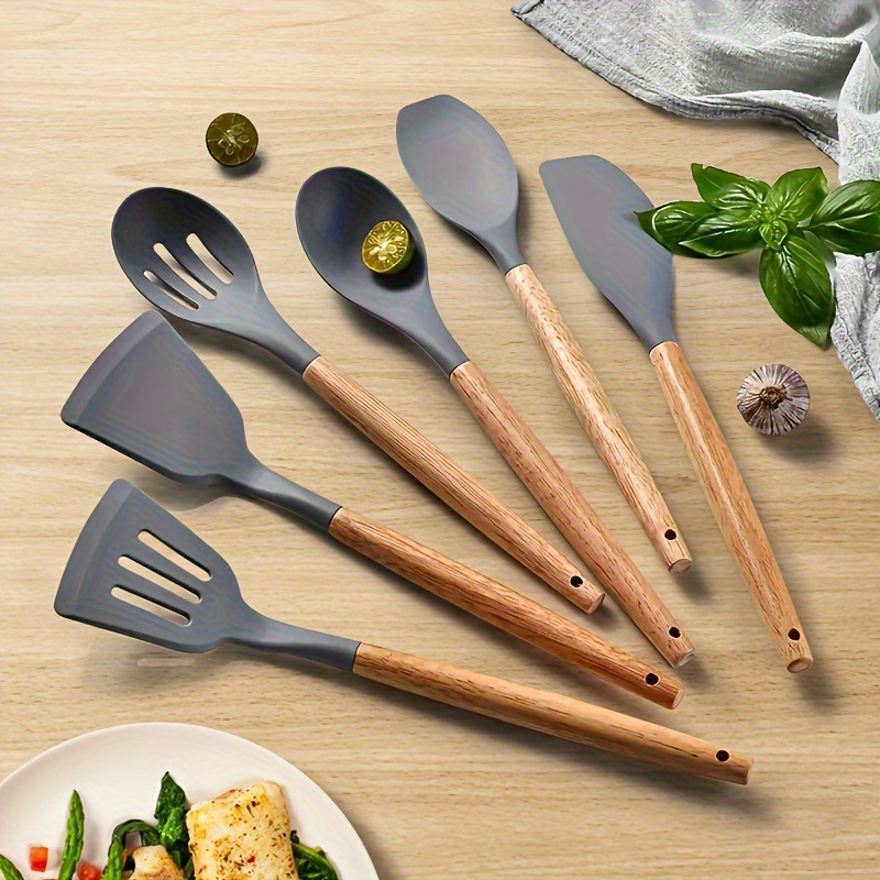 6 12  silicone kitchen utensil set heat resistant turner spoon spatula brush whisk with wooden handles for non stick cookware bpa free details 7