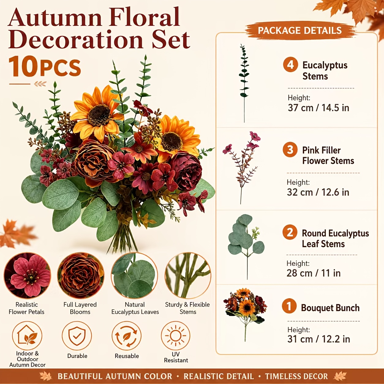 TEMU 10pcs Autumn Artificial Flower Bouquet Set, Including Sunflowers, Burgundy Roses, Small Flowers, Eucalyptus Leaves, And Green Branches. Suitable