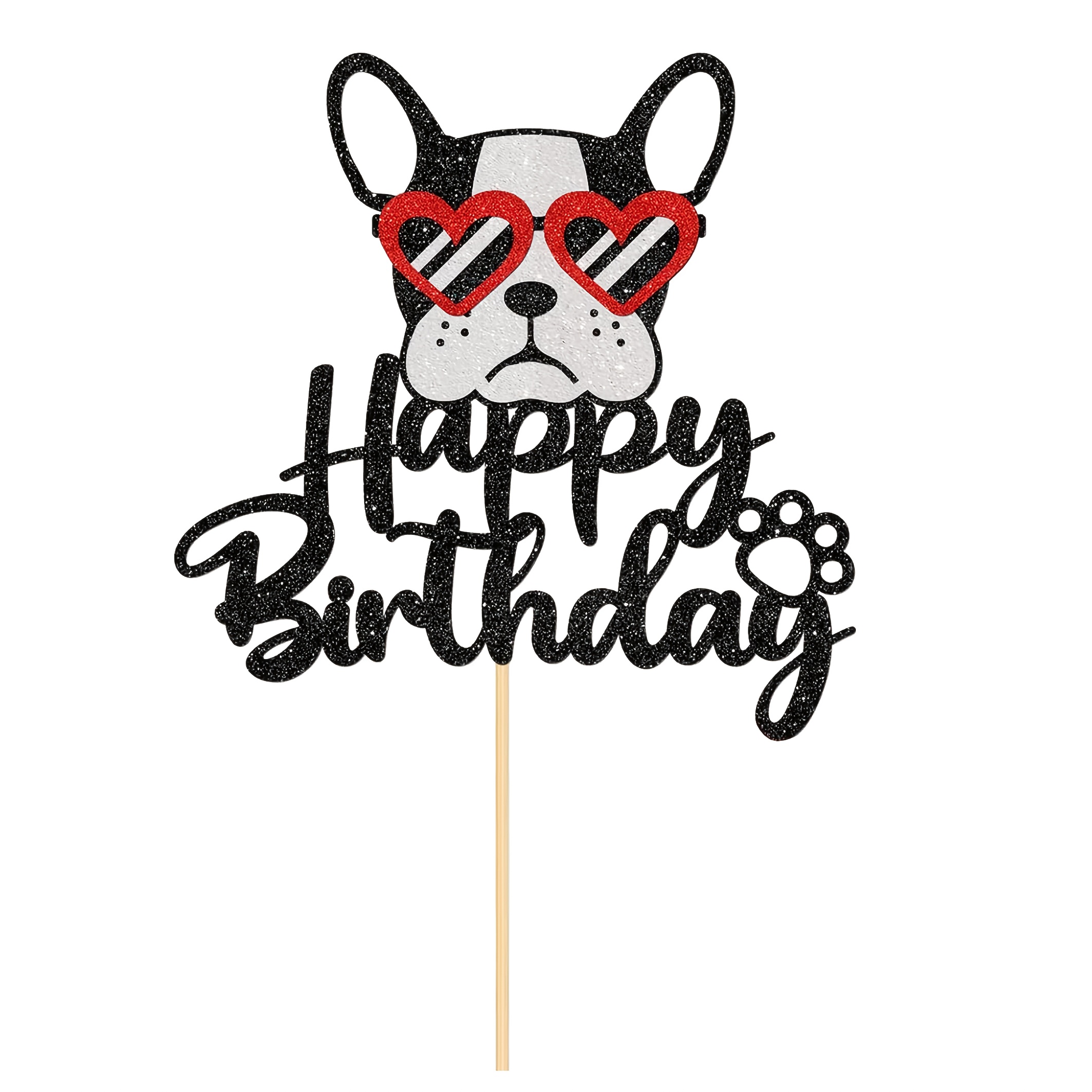 1pc Happy Birthday French Bulldog Cake Topper, Puppy Happy Birthday Party Cake Supplies, Animal Pet Theme Birthday Party Supplies, Black Red Glitter