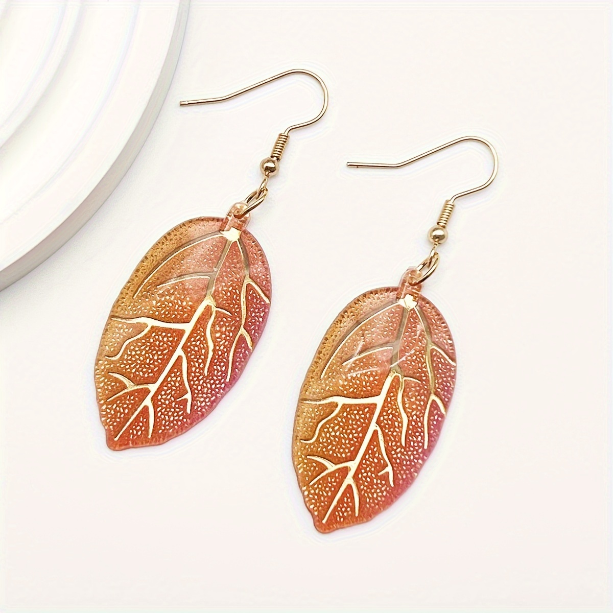 TEMU 1 Pair Bohemian Chic Acrylic Leaf Earrings - Vibrant Gradient Colors With Golden Accents, Lightweight & Versatile Fashion Accessory For Women,