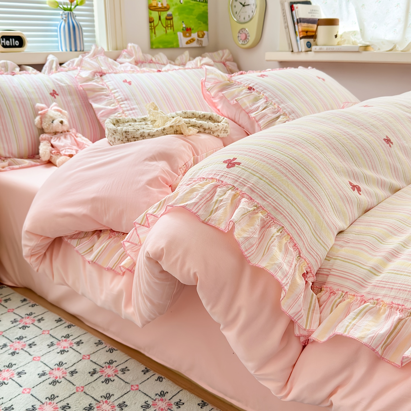 E-shop 3-teiliges Bettwäsche-Set mit rosa Schleifenrüschen, extra weich | Queen Size Bettbezug 90x90 Zoll mit Reißverschluss & 2 Kissenbezügen,