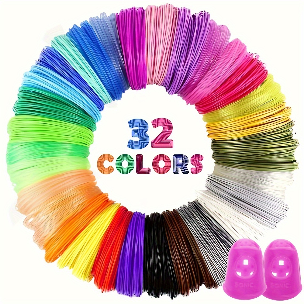 

32 couleurs de consommables PLA pour stylo 3D, 10 pieds par couleur, un total de 320 pieds, avec 2 couvre-doigts, couleurs aléatoires