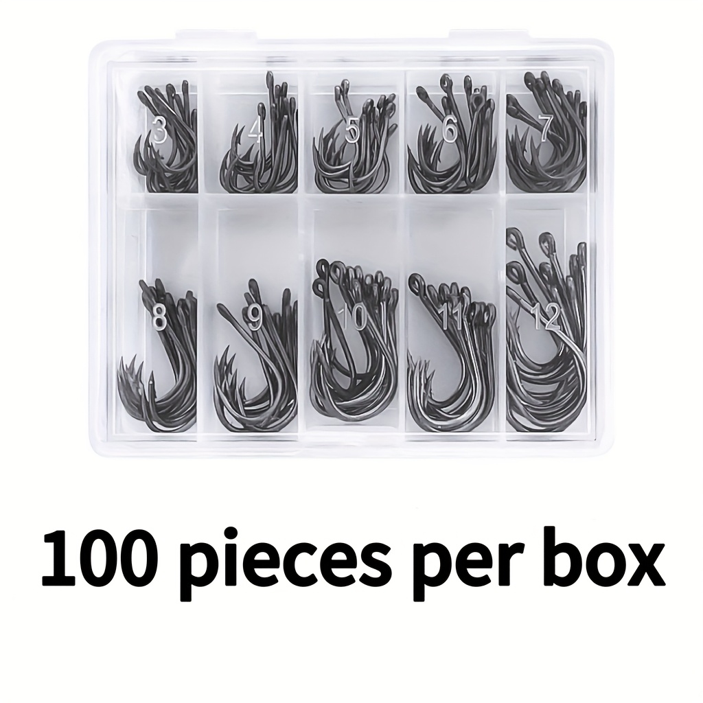 TEMU Boîte de 100 hameçons ronds avec arêtes – Acier inoxydable 420, pointes d'aiguille ultra-tranchantes, à œil fermé, 10 tailles pour la pêche en