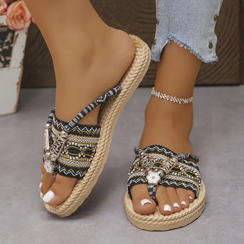 womens elegant and fashionable ethnic style flat sandals with colorful patterns slip on open toe fabric upper and inner eva sole eva insole Product details 8