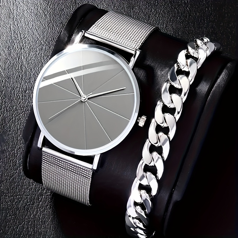 

2pcs/set Men's Business Minimalist Quartz Watch Stainless Steel Mesh Band Wrist Watch & Bracelet, Father's Day Valentine's Day Gift For Him